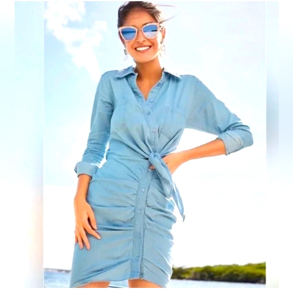W By Worth Rushed Chambray Denim Shirt Dress - Size 8 Veronica Beard Inspired